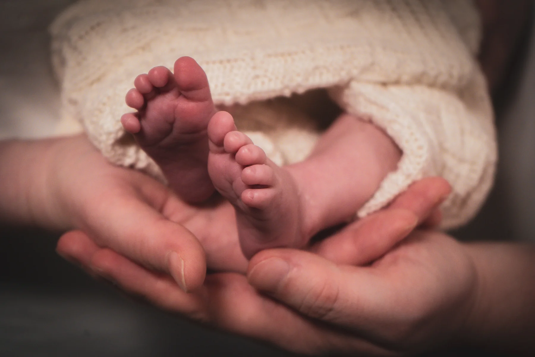 Kleine Babyf&uuml;&szlig;e behutsam in den H&auml;nden eines Elternteils